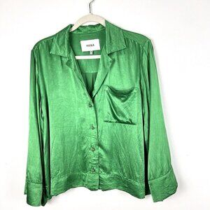 Pistola SIA Button Down Long Sleeve Kelly Green Blouse Shirt Sz M Satin